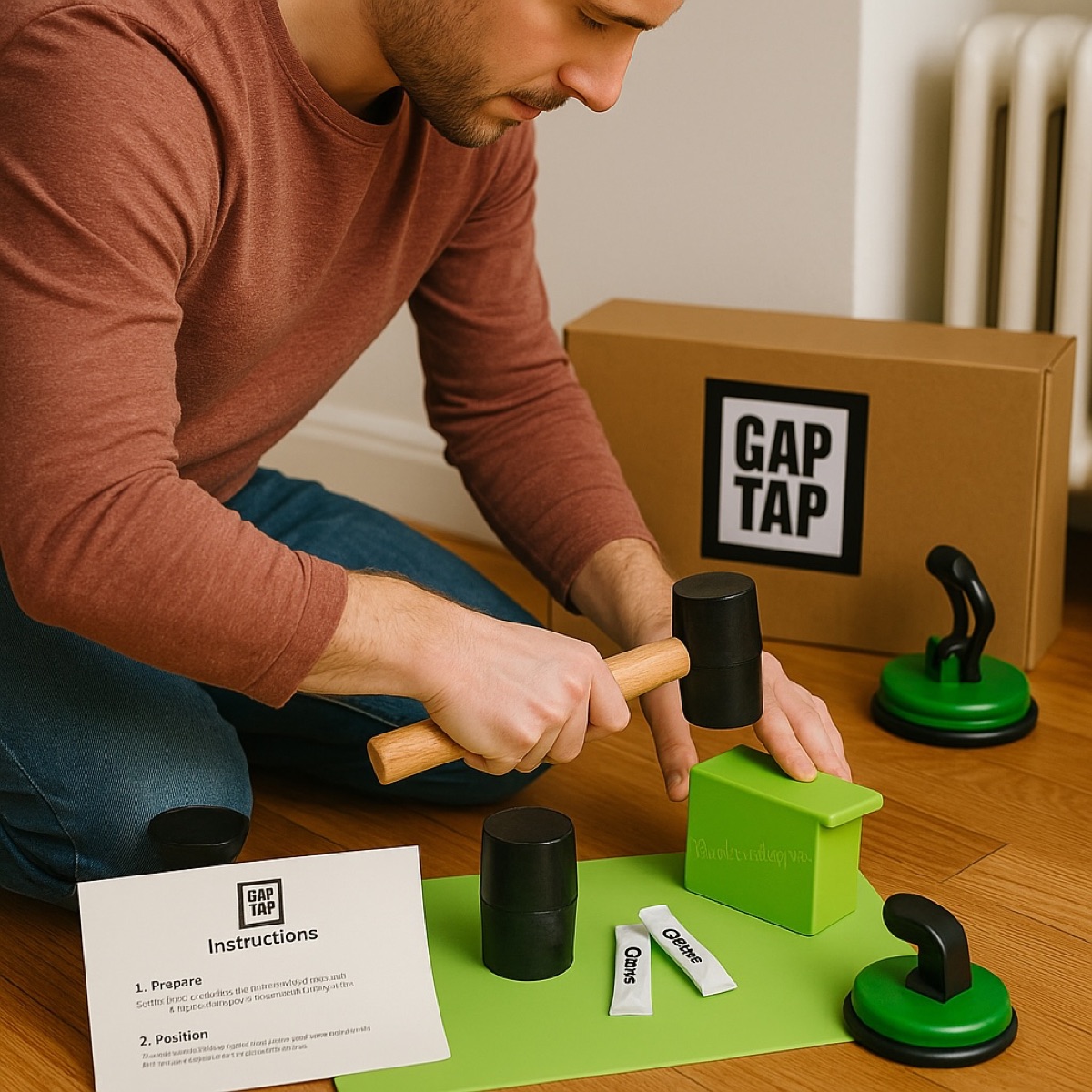 Person fixing a floor gap with Gap Tap